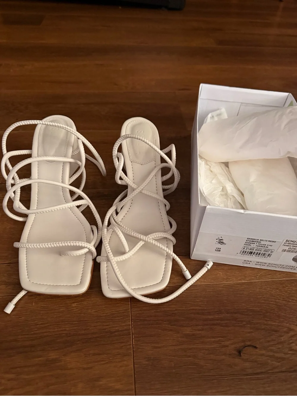 SCHUTZ White Leather Lace-Up Block Heel Sandals